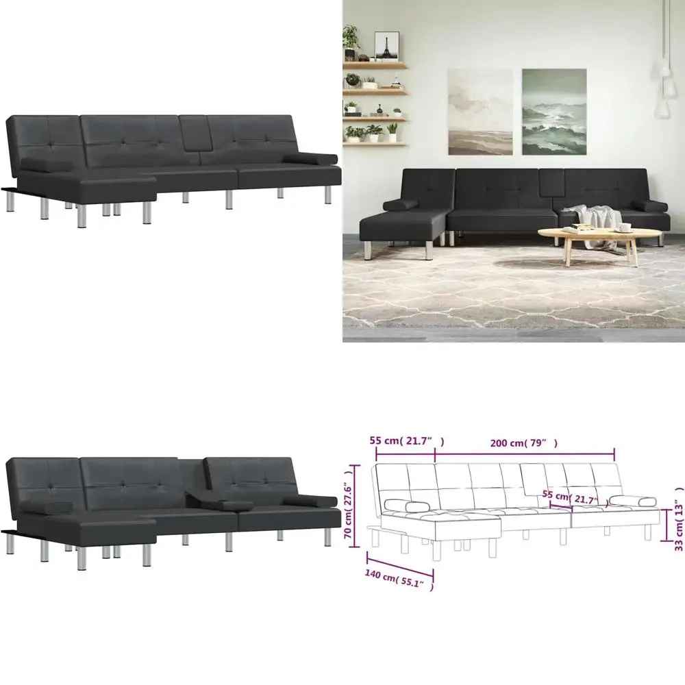 

L-Shaped Sofa Bed in Black Faux Leather with Adjustable Seating, Modern Design, Convertible Couch for Living Room
