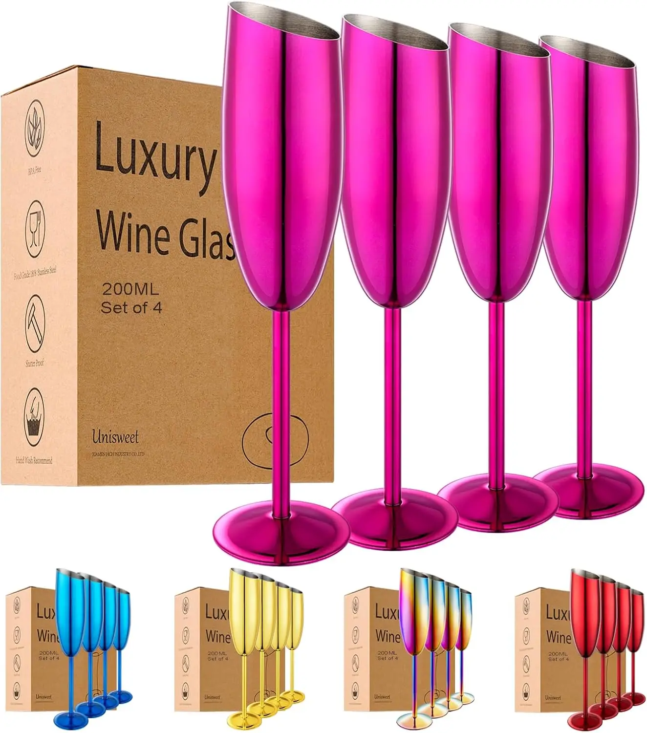 

Champagne Flutes Set of 4, Stainless Steel 7oz Unbreakable Wedding & Birthday Party Glasses