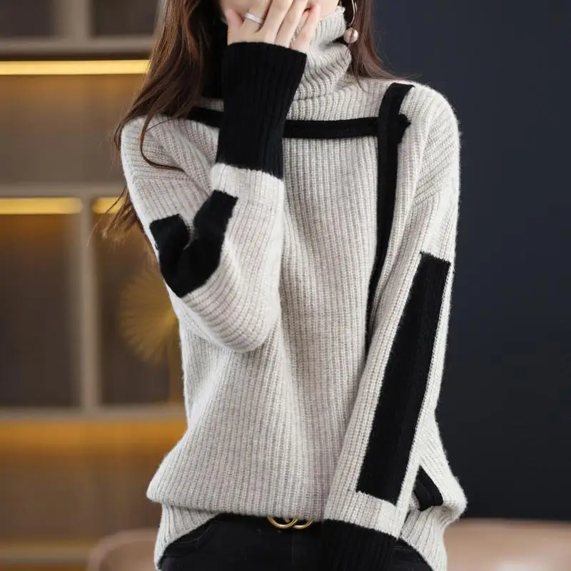 Women's Vintage Screw Thread Sweater High Neck Sweaters Autumn and Winter Loose Long Sleeve Patchwork Office Lady Knitted Tops