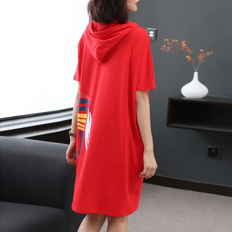Hooded Dress for Women Summer 2025 New Casual Mid-length T-shirt Skirt Lazy Style Loose