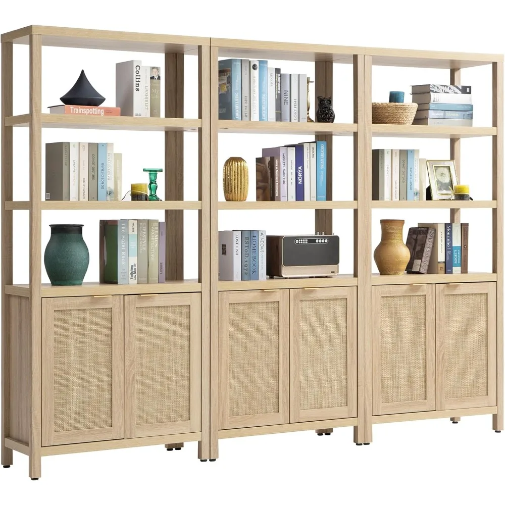 Bookshelf 5 Tier Book Shelf Rattan Tall Bookcase Doors Storage Shelves Large Bookshelves Farmhouse Book Case (Natural 3PCS)