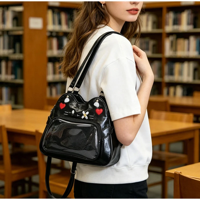 Umhängetasche, Katzenförmige Ita-Tasche mit transparentem Sichtfenster für Abzeichen, Pins und Puppen, leichte, niedliche Mode-Rucksäcke – Detail 26