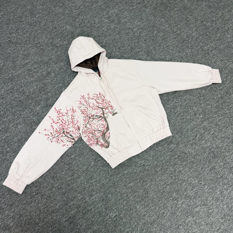 

Autumn Winter Personality Fashion Pink Flower-embroidered Derschutze Jacket High Street Hip Hop Zip Up Coats Tops