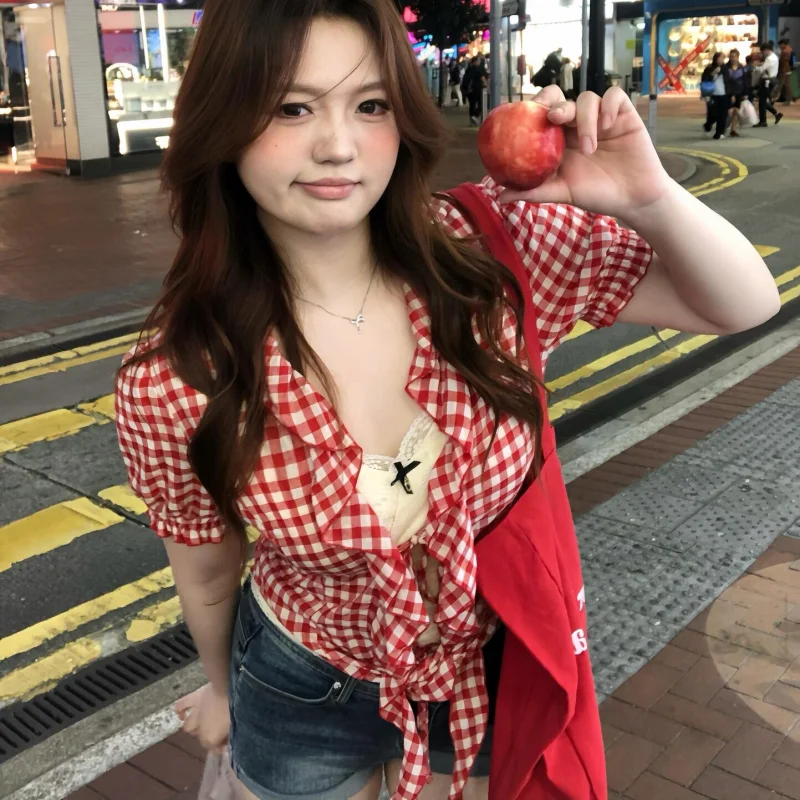 Women's Y2K Short Sleeve Top Plaid Cardigan Shirt Blouses Casual Summer Tops Trend 2000s Streetwear view 4