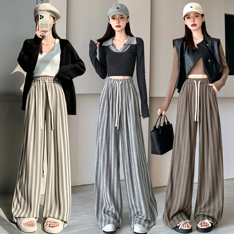 

Autumn Winter New Striped Pants Women Vintage Casual Wide Leg Pants Female Fashion Joggers Hip Hop Streetwear