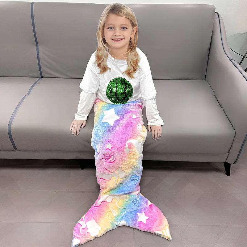 Flannel Mermaid Blanket Night Light Soft Kids Nap Warm Blanket Cartoon Foot Cover Autumn and Winter TV Lazy Blanket Sleeping Bag