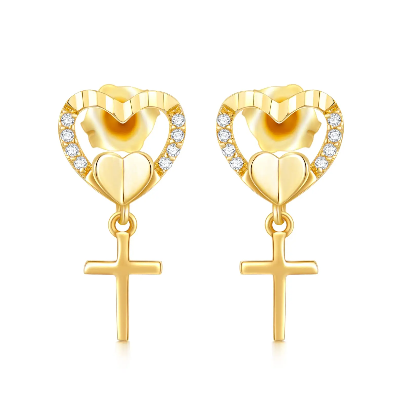 YFN 14k Gold Heart Cross Earrings for Women Dangle Religious Stud Drop Jewelry Confirmation Gifts