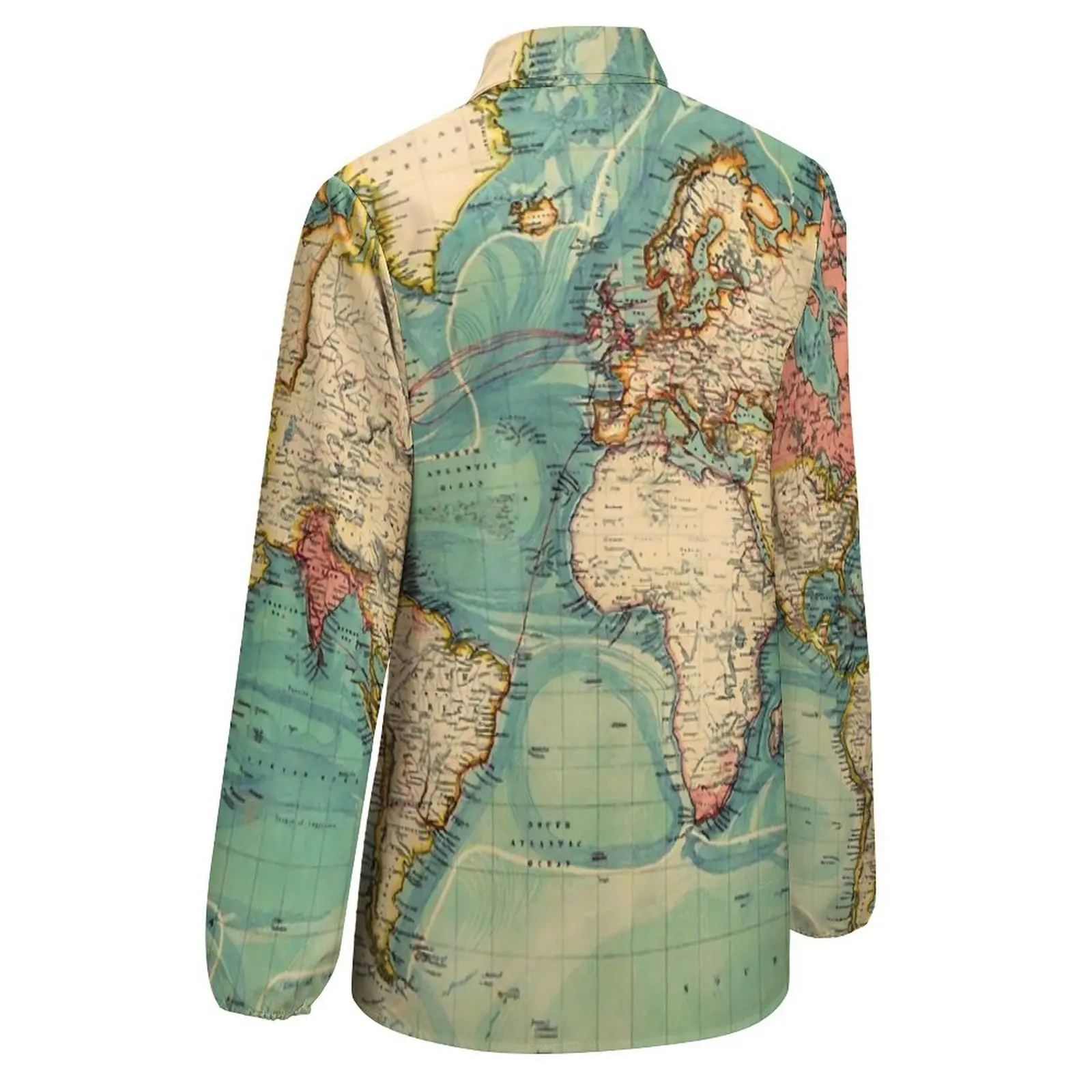 World Map Loose Blouse Vintage Map of The World 1883 Fashion Oversized Blouses Womens Long-Sleeve Retro Shirt Spring Design Top