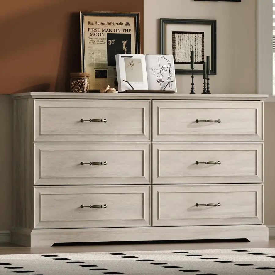 ตู้ลิ้นชัก 6 ชั้นสำหรับห้องนอน, ตู้ลิ้นชักสไตล์โมเดิร์นกว้าง 54 ซม. พร้อมลิ้นชักลึกและมือจับแบบแท่ง, ตู้ลิ้นชักไม้สไตล์เรสติกสำหรับวางทีวี