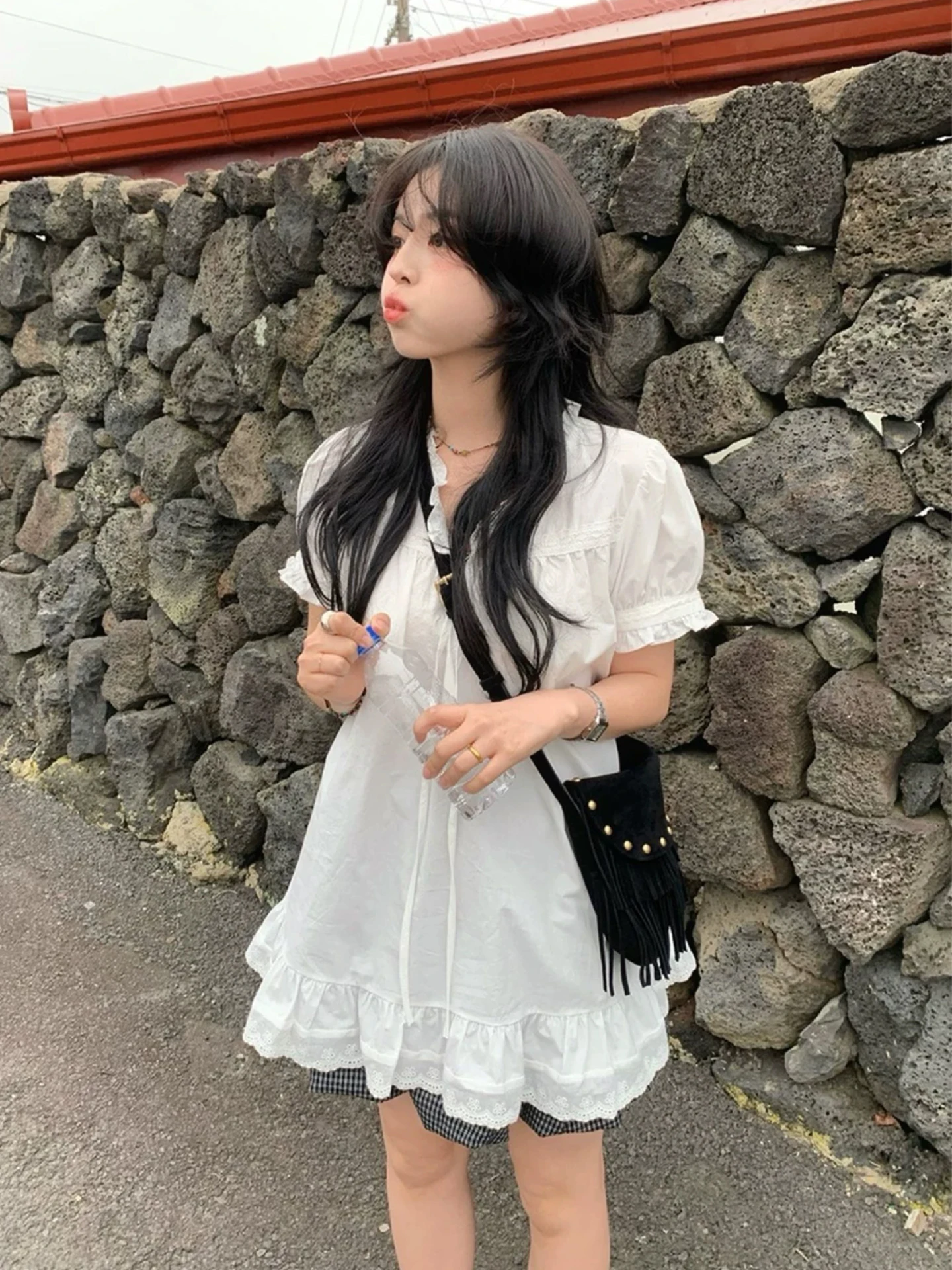 

Korean Style Loose Bubble Sleeve Shirt Women's V-neck Doll Casual Summer New Style Polyester Fiber Short Sleeve Shirt
