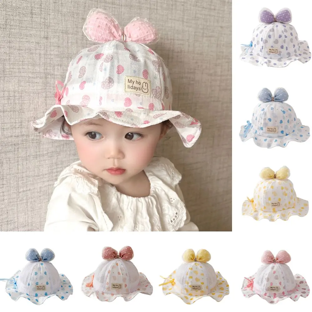 

Drawstring Sweet Baby Bucket Hat Heart Print UV Protection Cute Bow Infant Basin Cap Thin Mesh Baby Sun Protection Cap Spring