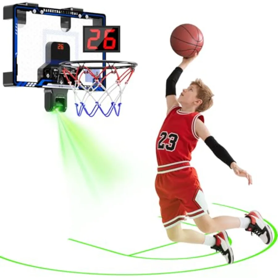 

Indoor mini basketball hoop for kids: steel frame, black finish, LED lighting and digital scoreboard included, with 3 rubber ba