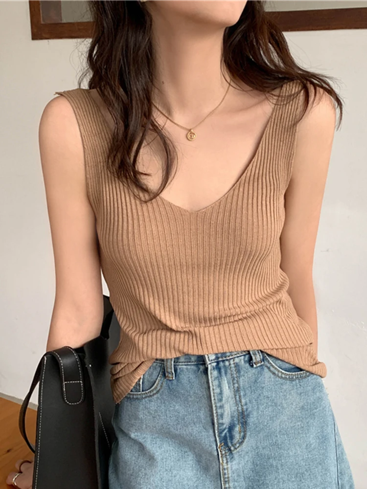 Solid Color Basic Women's Vest Tank Top Solid Color Knitted Tees Top Cropped Top Camisole Sweater V-neck Summer Sleeveless