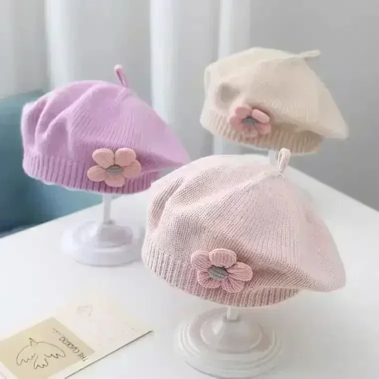 Flor bebê boina chapéu inverno quente malha gorro para meninas infantis coreano criança princesa artista cor sólida pintor bonés