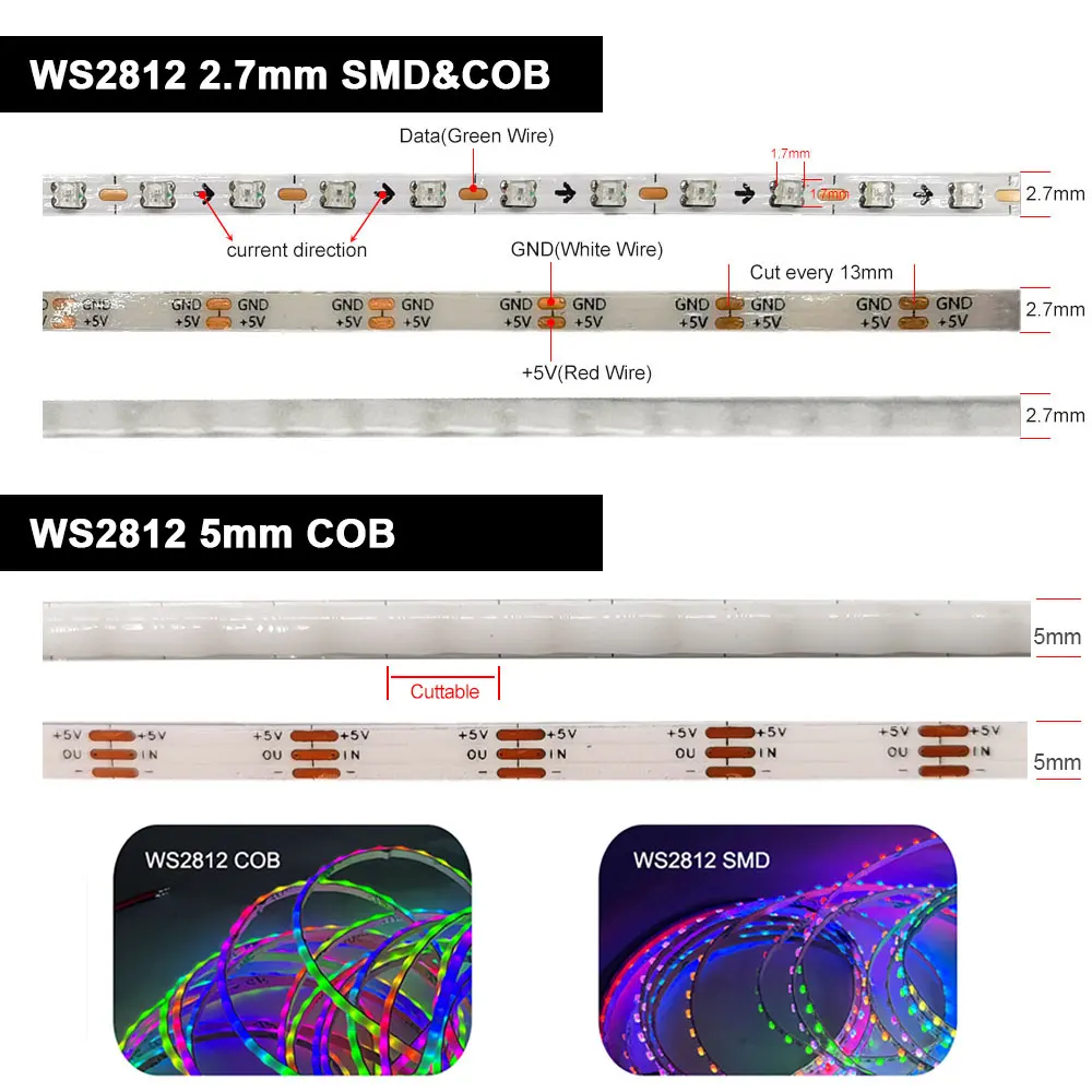 1M-5M Ultra Narrow 2.7mm 5mm WS2812B LED Strip Light 160Leds/m Individually Addressable WS2812 2020 RGBIC Samrt Tape DC5V/12V