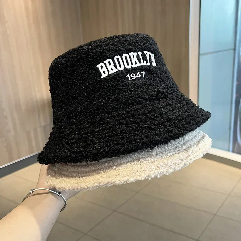 Letter Embroidered Lambswool Bucket Hat for Women in Autumn and Winter