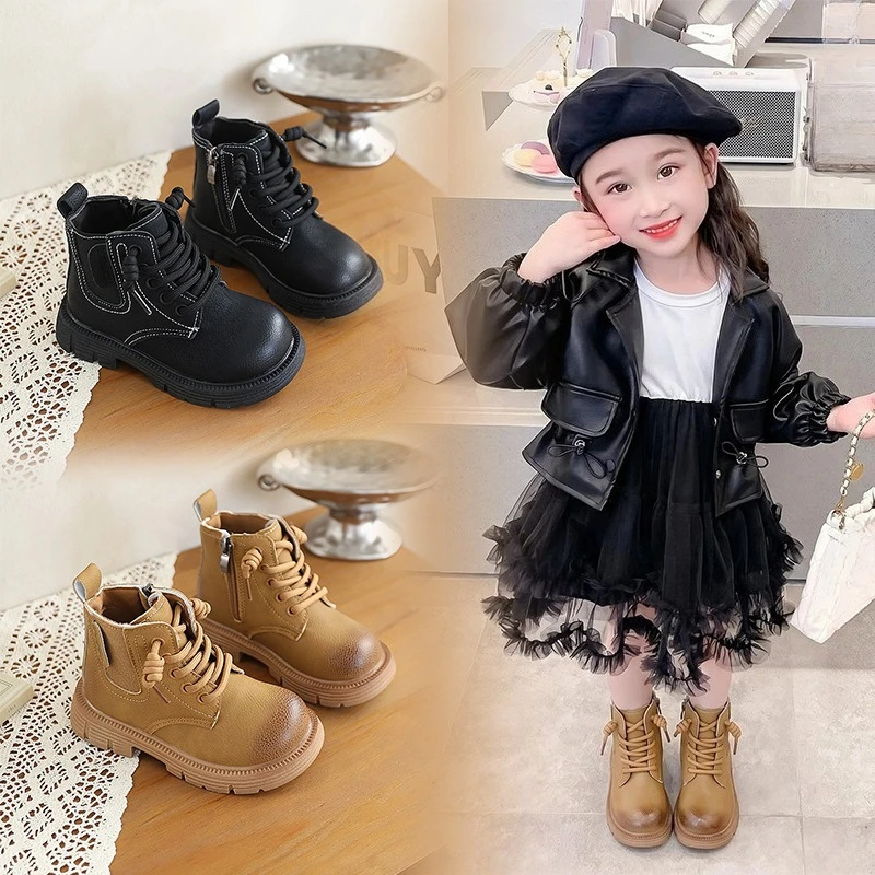 JGSHOWKITO Children's Boots for Girls Autumn Winter Retro Boys Platform Boots Solid Color PU Leather Non-slip Kids Ankle Boots