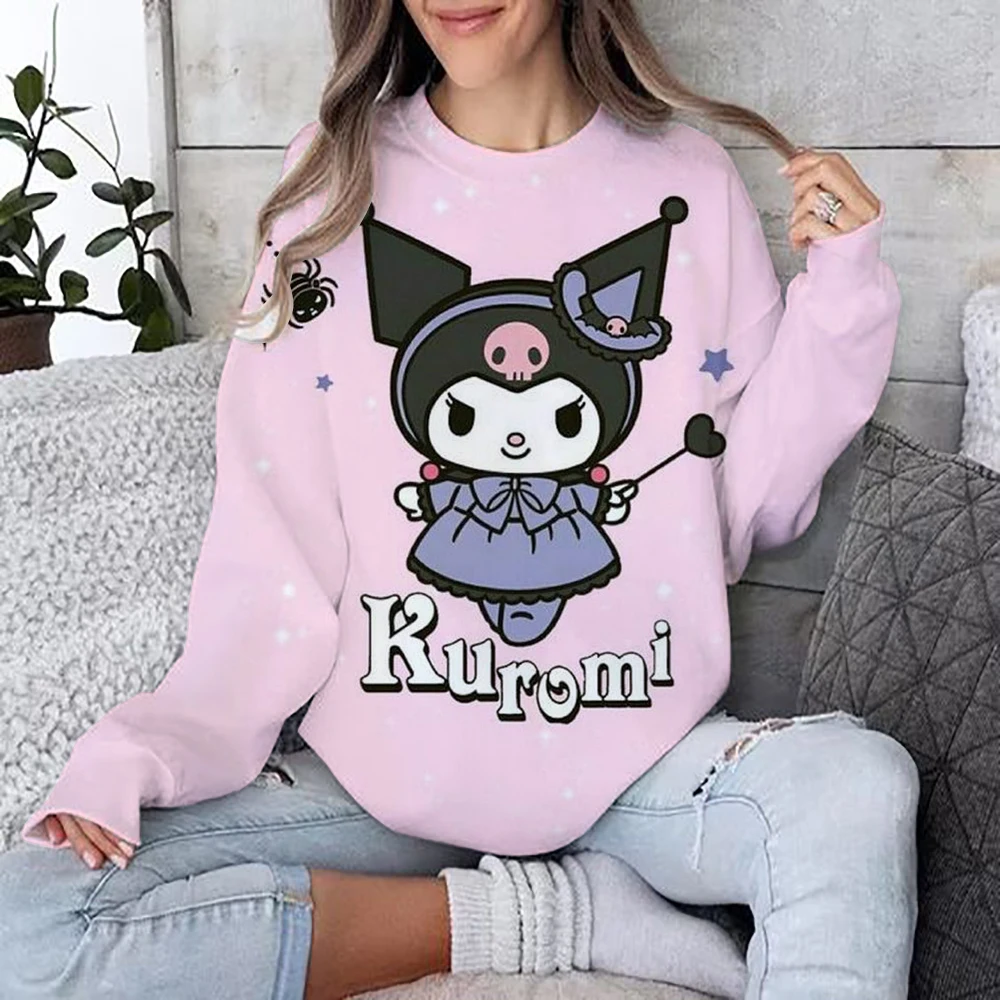 Women's Hello Kitty Coulomi Printed Sweatshirt, High Street Women's Hoodie, Y2K Pattern Clothing, Casual Round Neck Sweater