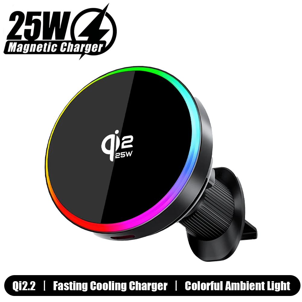 Carregador Magnético Sem Fio Qi2.2 25W para Carro com Luz RGB e Ventilador de Resfriamento, Suporte para Celular Compatível com Magsafe iPhone 17 16 1