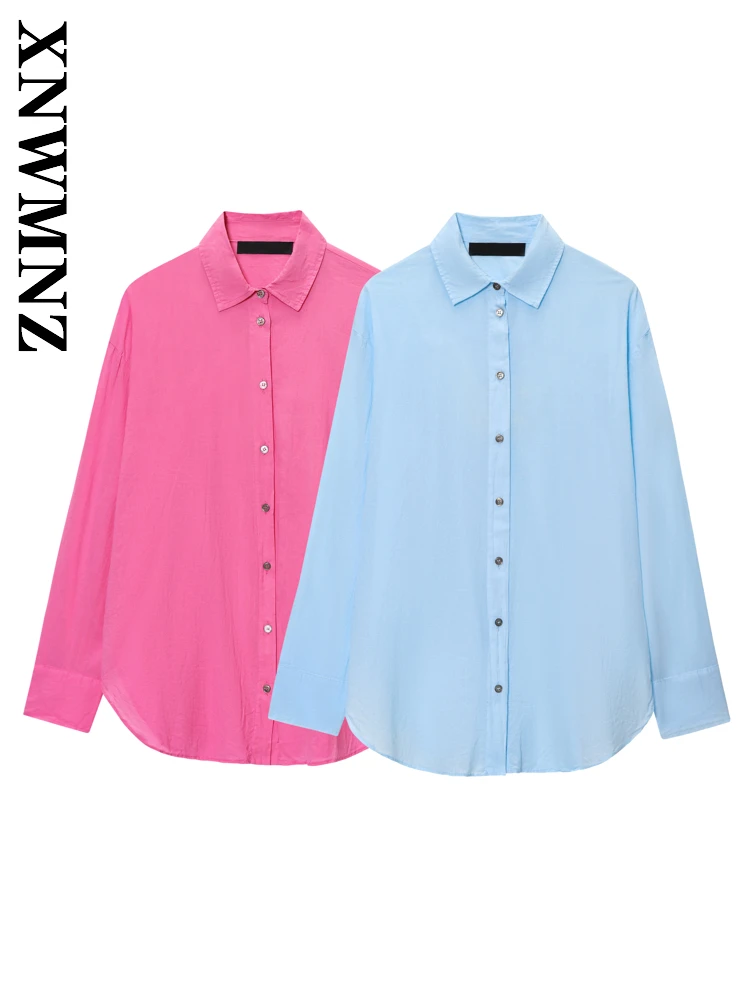

XNWMNZ 2025 весенняя женская простая рубашка с длинными рукавами и морщинами, топ с длинными рукавами, шикарная модная женская повседневная рубашка с отложным воротником