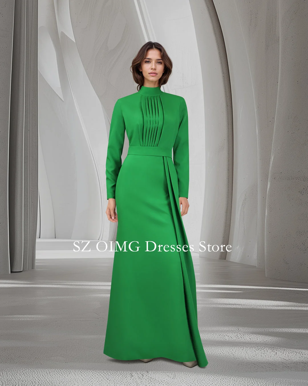 

OIMG 2024 New Summer Women's Maxi High Neck Crepe Satin Prom Dress Long Sleeves Fashion Celebrity Green TIght Party Dress