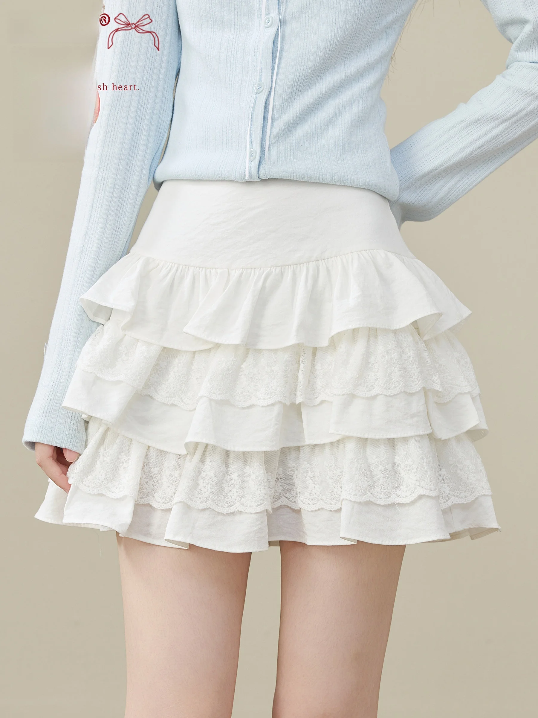 

Плиссированная юбка Lingjiu Brown с белой кружевной отделкой, пышная юбка-тортик, осенняя приталенная юбка А-силуэта