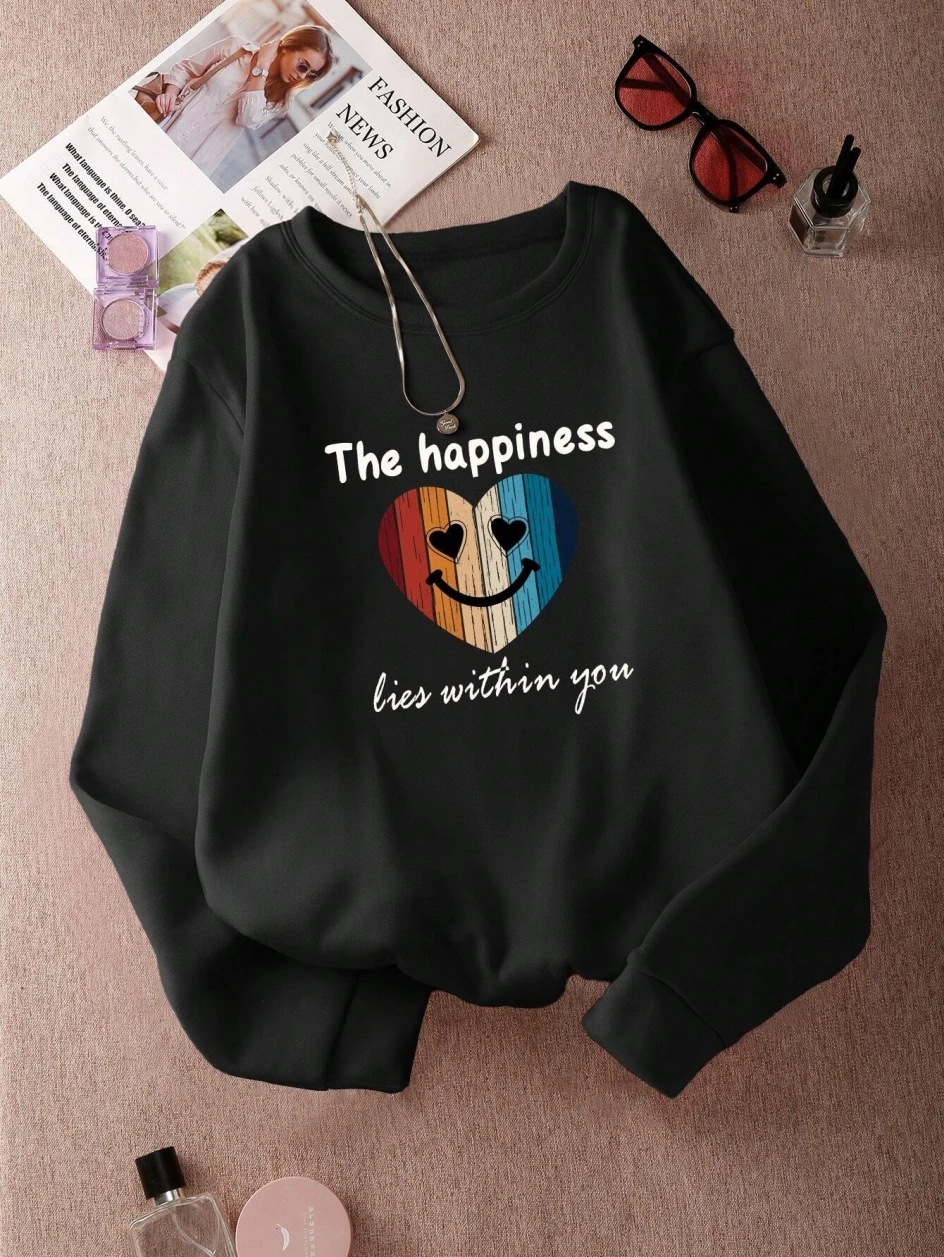 Trend Women Sweatshirt The Happiness Live Within You Printing Pullover Comfortable Crewneck Fleece Soft Hoodie Autumn Clothes