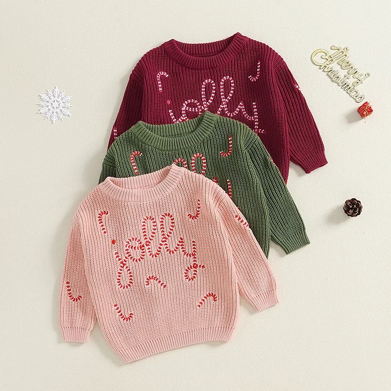 

VISgogo 0-3 Years Toddler Christmas Sweater Letter Embroidery Knitted Long Sleeve Pullover Infant Fall Winter Casual Knitwear