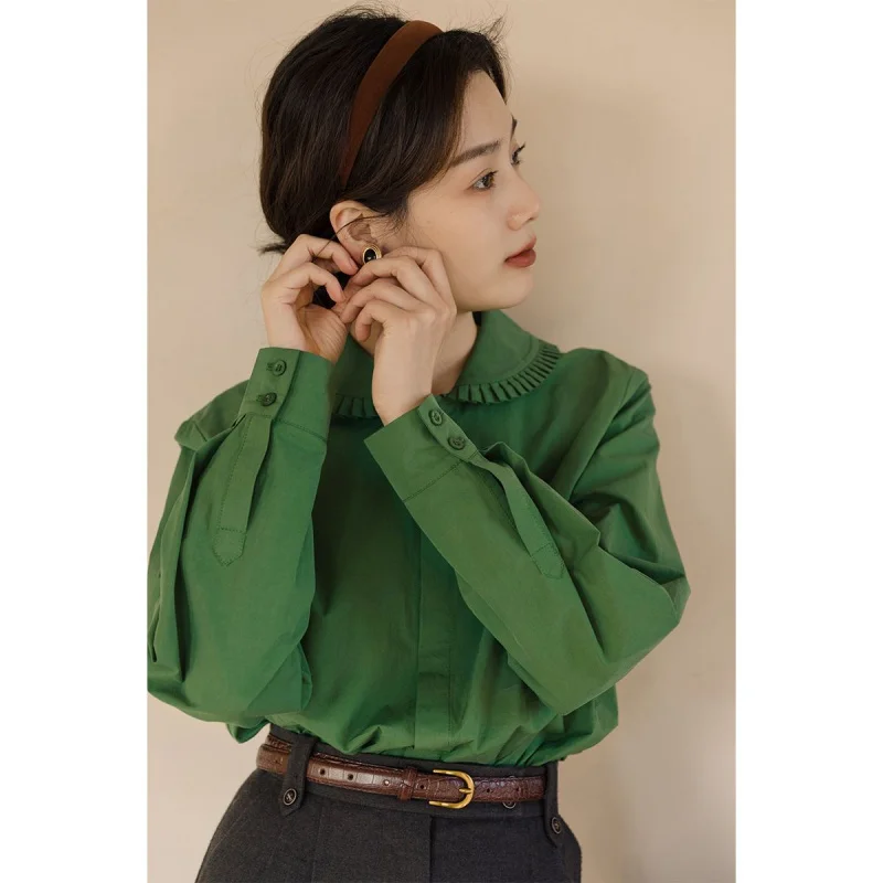 

Green Pleated Doll Collar Shirt Women's French Retro 2023 Spring Design Sense Niche Chic Long-Sleeved Shirt