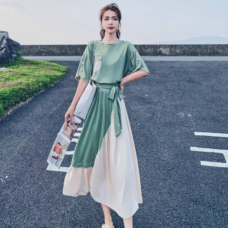 Women Summer New Niche Design Sense Short-sleeved A-line Dress Female Waist Collection Slim Temperament Grandiflorum Long Dress