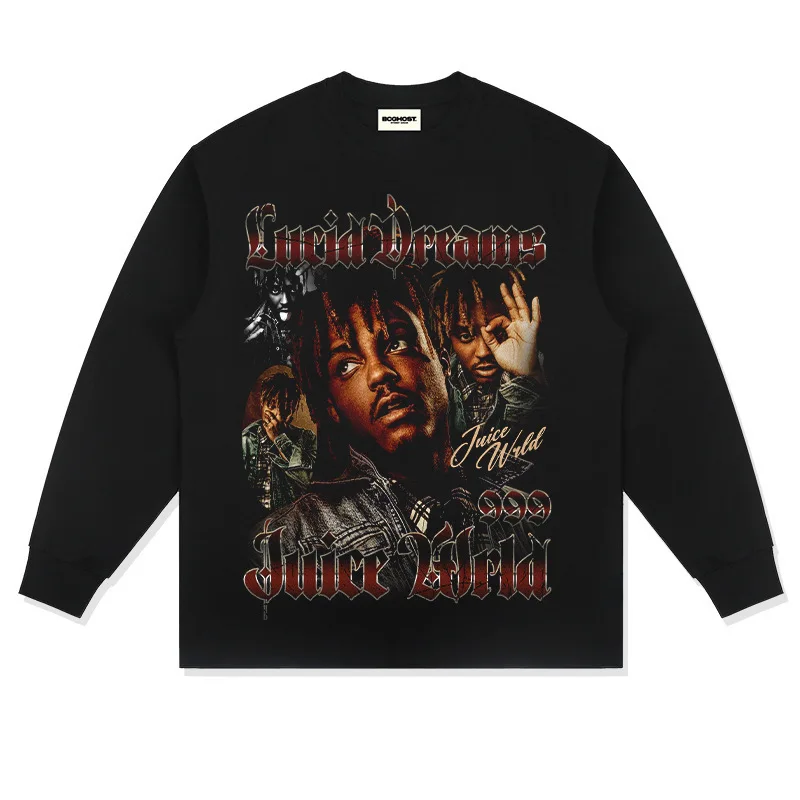 تي شيرت ريترو ثقيل الوزن ملابس الشارع الشهير 220 جرام عصير Wrld الهيب هوب طباعة عصرية قصيرة الأكمام نمط المدرسة القديمة مزيج البوليستر #3