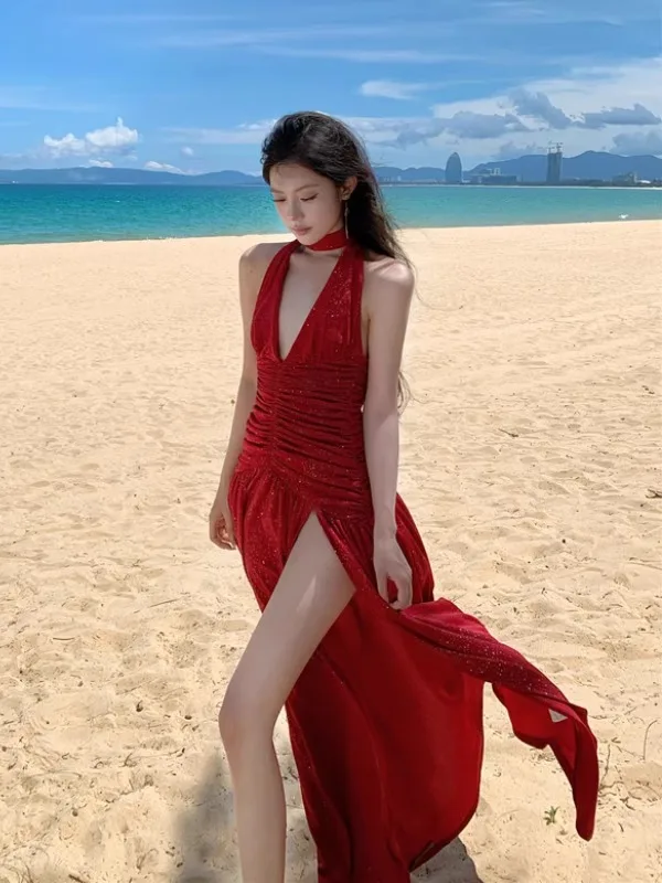 

Сексуальное платье миди с глубоким V-образным вырезом и высоким разрезом, красное, в стиле Desert Tea Card Salt Lake, для дня рождения, вечеринки, элегантное.