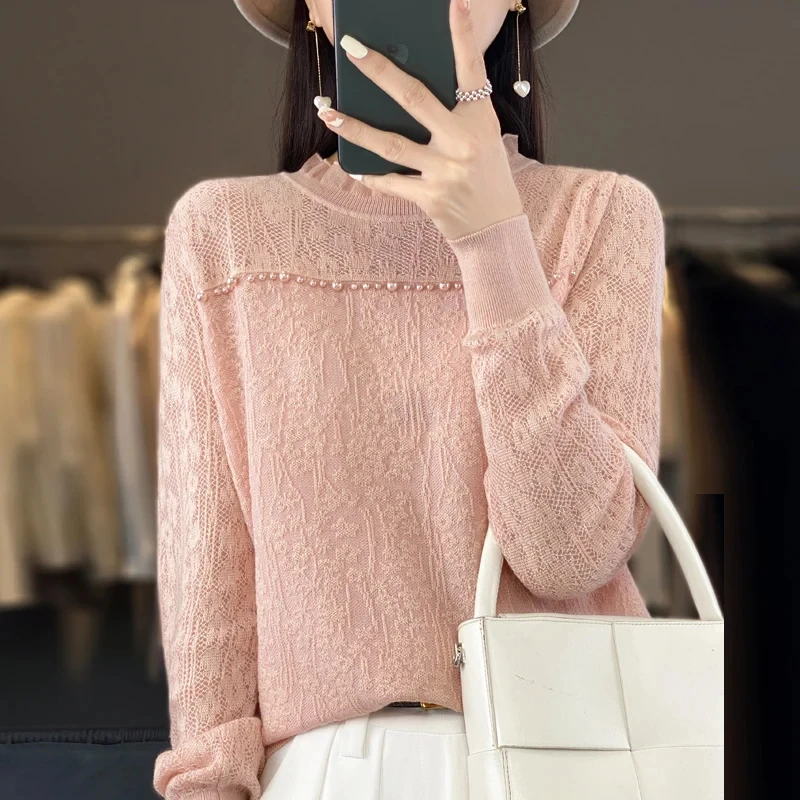 Spring and Summer Thin Lace O-neck Wool Knitting Sweater Women's Loose Nailed Beaded Hook Fower Hollowed Out Pullover Chic Top