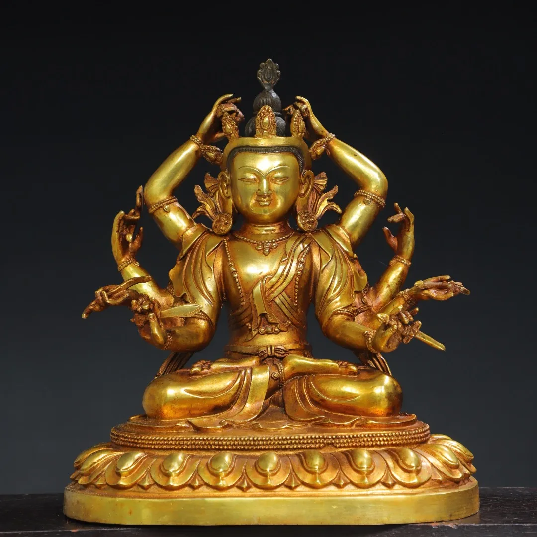 

14"Tibetan Temple Collection Old Bronze Cinnabar Gilded Eight armed Guanyin Namgyalma Sitting Buddha Lotus Terrace Worship Hall