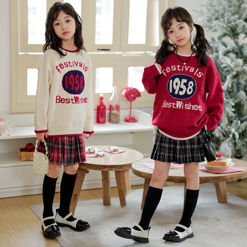 

Autumn Winter Junior Girl Clothing Set Teenager Girl Letter Knitted Sweater Pullovers+plaid Pleated Skirt Sets For Children