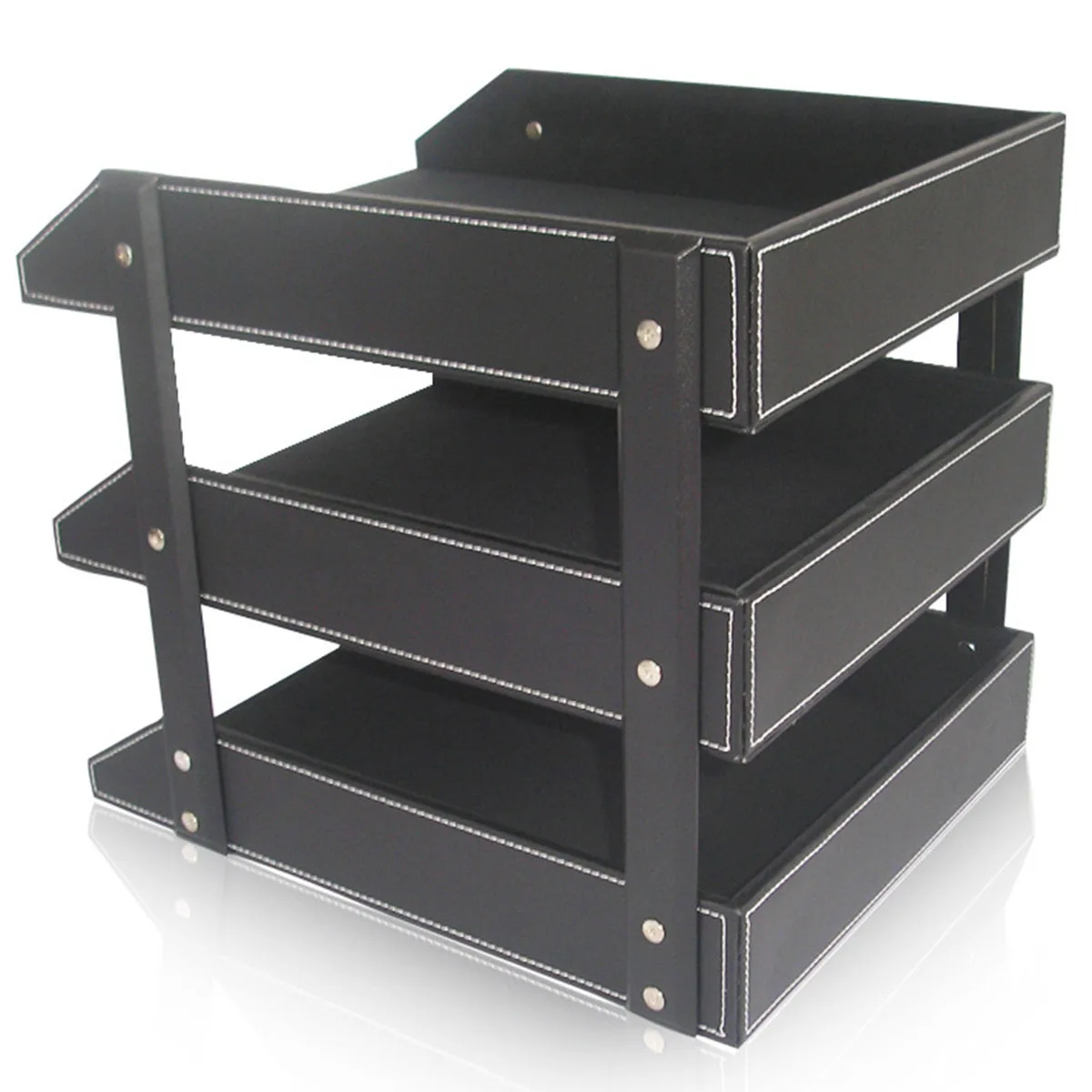 3-Tier Leather Stationery Organizer Storage Boxes Desk Organizer Stand Home Office Storage Drawer Organizer for Documents Tray