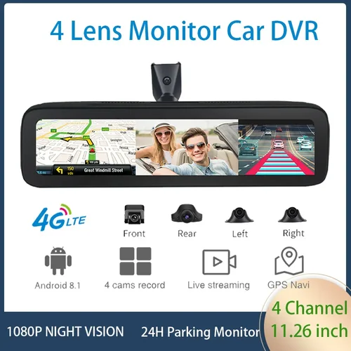 후방 시야 포함 대시 캠, HD 1080P 자동 카메라, GPS 와이파이 ADAS 자동차 DVR, 4 렌즈, 360 ° 11.25 인치 미러 카메라, 4G 안드로이드, 2GB + 32GB 