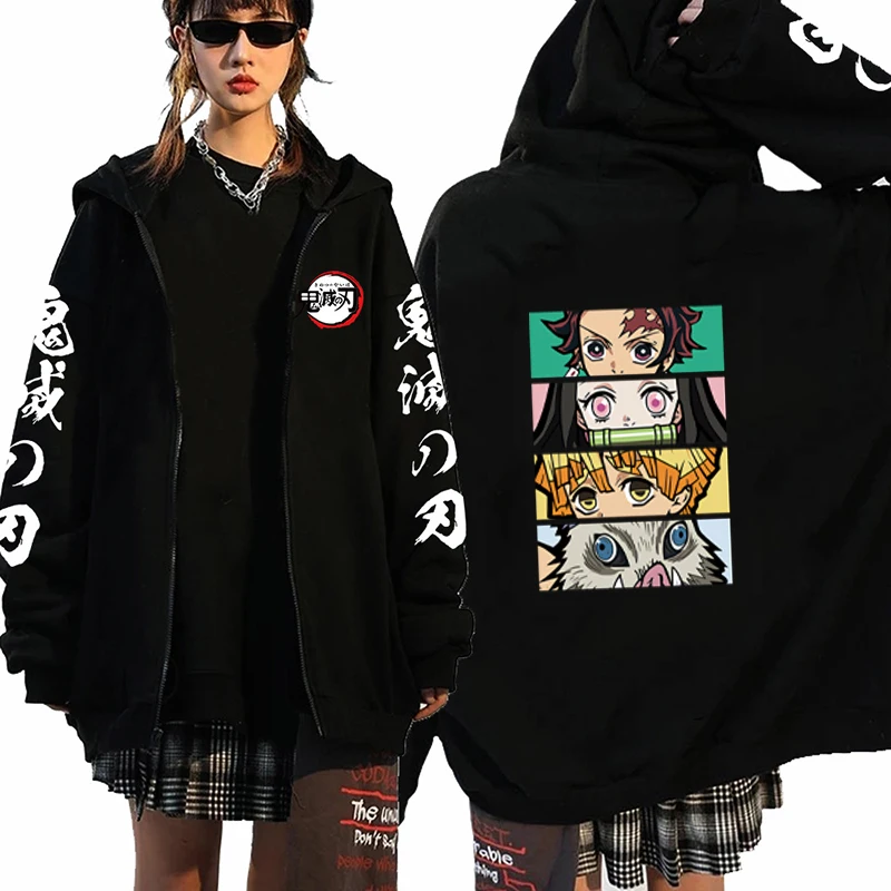 Harajuku Anime Demon Slayer Women Zip Hoodie Kamado Nezuko And Hashibira Inosuke Plus Size Zip Up Girl Boy Sweatshirts Pullover