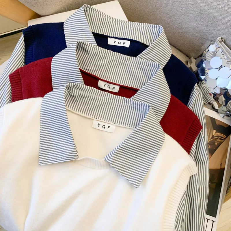 Maglione da donna a maniche lunghe a righe finte in due pezzi 2025 New Fashion Colletto con risvolto Pullover larghi Tendenza autunnale Top casual