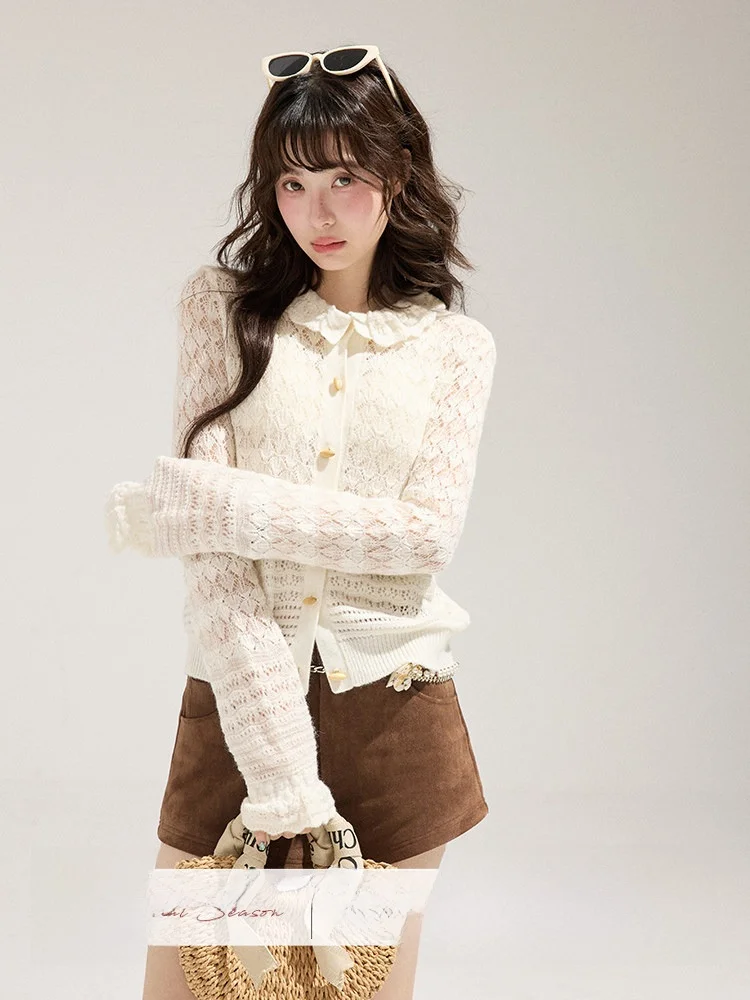 

Вязаный кардиган Wpsense с ажурным кружевным воротником, легкий, для весеннего сезона, женский, с длинными рукавами, создающий ощущение комфорта