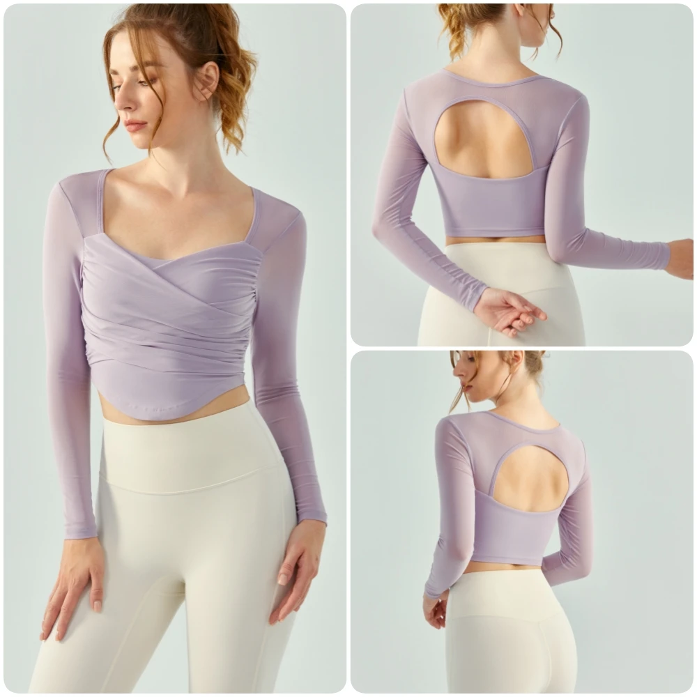 Emily New Cross Fold Long Sleeve Yoga Top Women Short Style Quick Drying Sports T-shirt with chest pad Backless Mesh Fitness Top