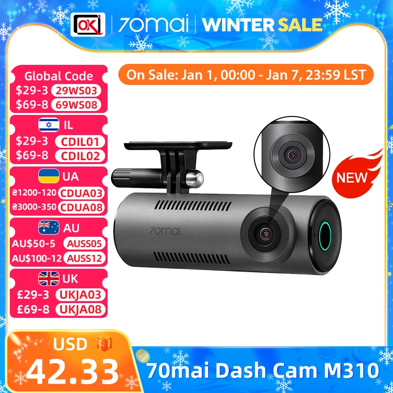 2024 New 70mai Dash Cam M310 New 1296P Night Vision F2.0 Aperture 70mai M310 Car DVR 24H Parking Monitor WIFI & App Control