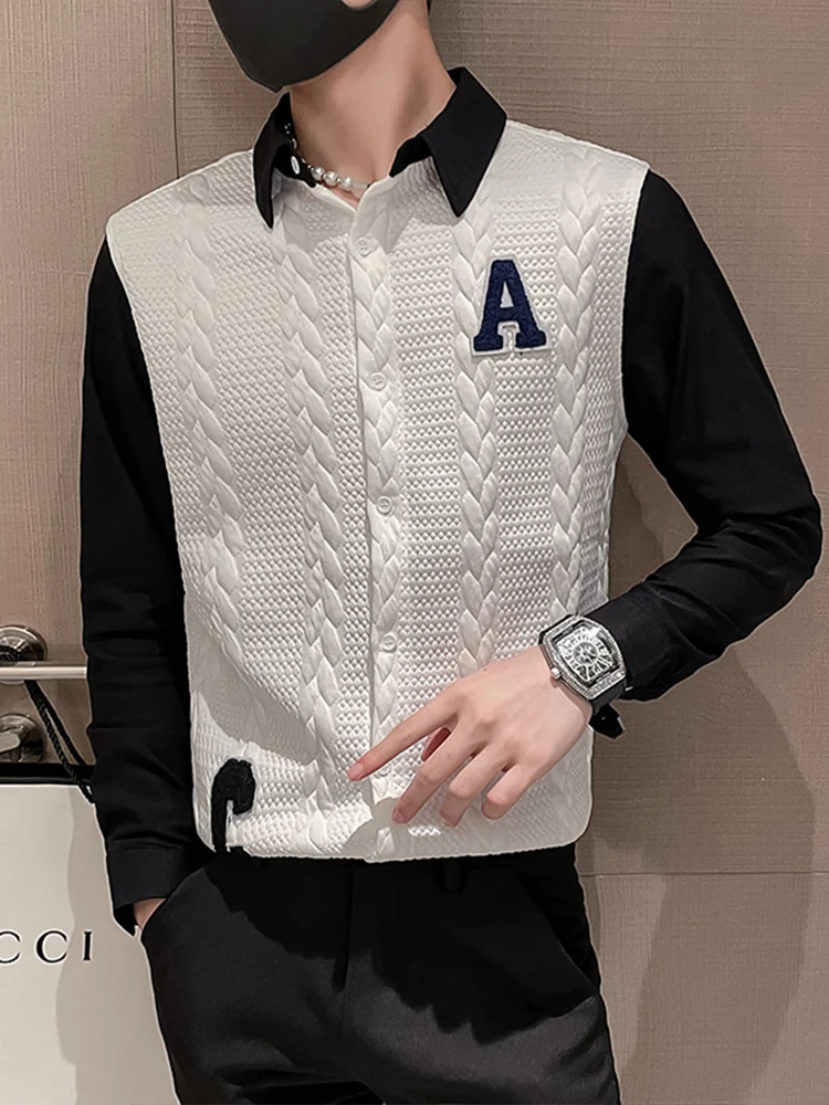 

Slim Fit Long Sve irt Men's Autumn Season Splice Faionable Hair St Brand Pure Color Collar Print irt