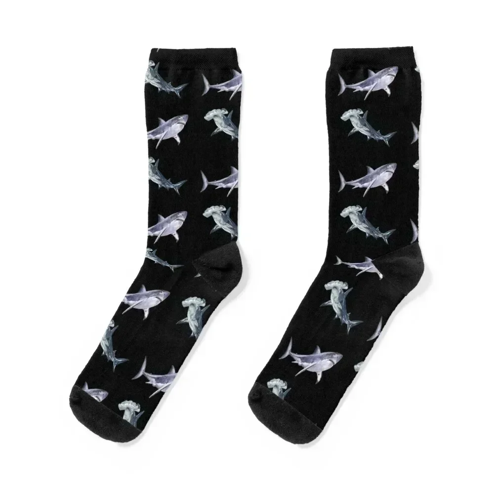 

Great White and Hummerhead Shark Watercolor Socks christmas gifts Rugby hockey compression Woman Socks Men's