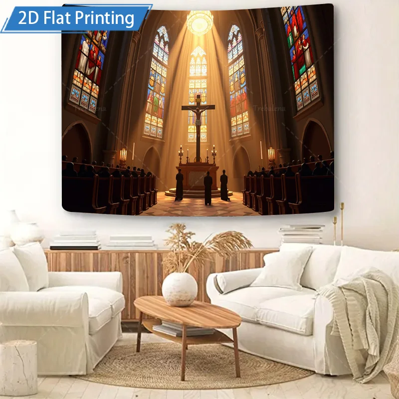 قطعة واحدة من نسيج الحائط الأنيق لمشهد الكنيسة مع نوافذ زجاجية ملونة وإضاءة دافئة #5