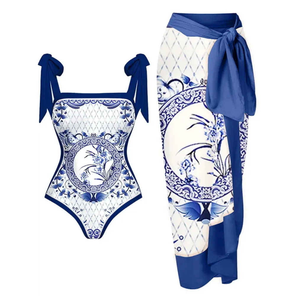 Colorful Printed One-Piece Swimsuit with Skirt High-Waisted Anti-Exposure Design Women's Beachwear Elegant Cover-Up