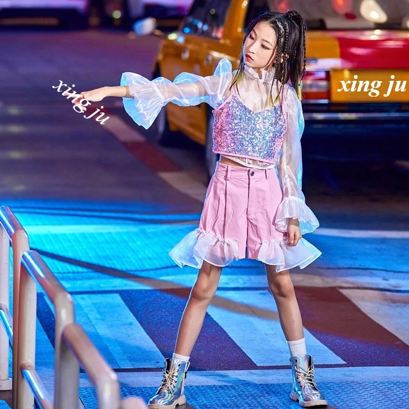 Gilet à paillettes pour enfants, haut transparent, Costume de danse Jazz, jupe Patchwork Hip Hop, vêtements de spectacle sur scène pour enfants