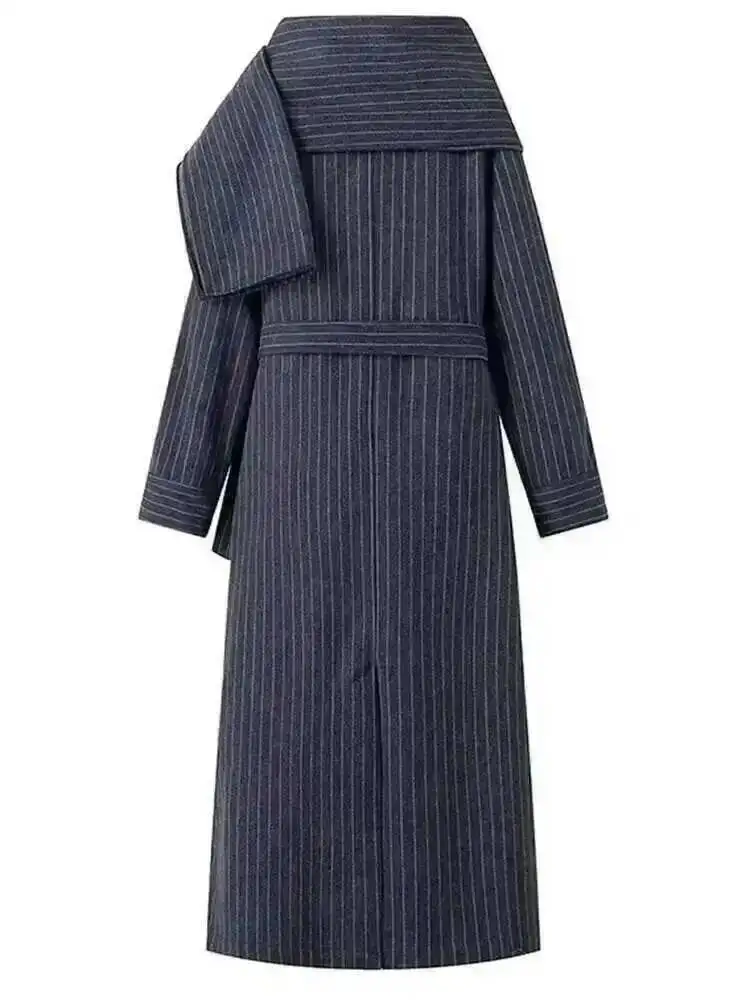 여성용 신상 라펠 긴 소매 루즈핏 윈드브레이커 패션 트렌드 봄 가을 2026 블루 스트라이프 스카프 캐주얼 트렌치코트