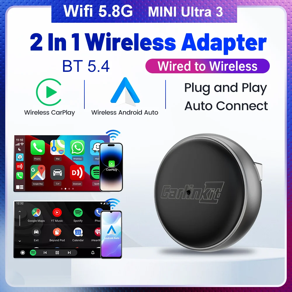 

Беспроводной адаптер Carlinkit Mini Ultra 3 для CarPlay и Android Auto 2-в-1, донгл Plug & Play для автомобильных мультимедийных систем, Wi-Fi 5.8G, BT5.4