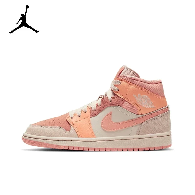 Original Air Jordan 1 Mid \'Apricot Orange\' Pink Color GS Size For Women Retro Classic Basketball Sneakers Shoes  DH4270-800